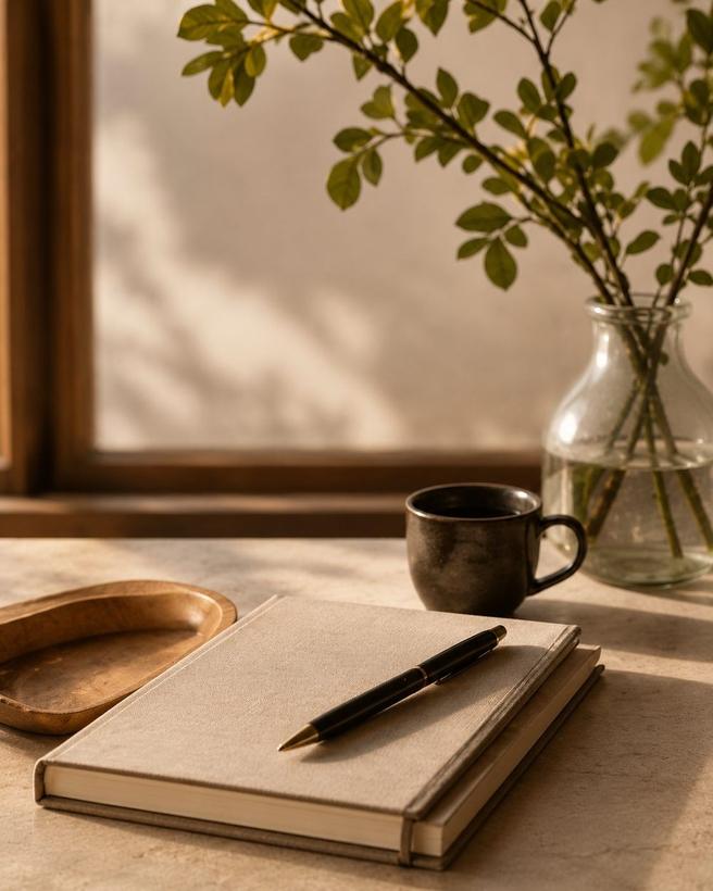 Caderno com caneta, chávena e ramos verdes junto à janela