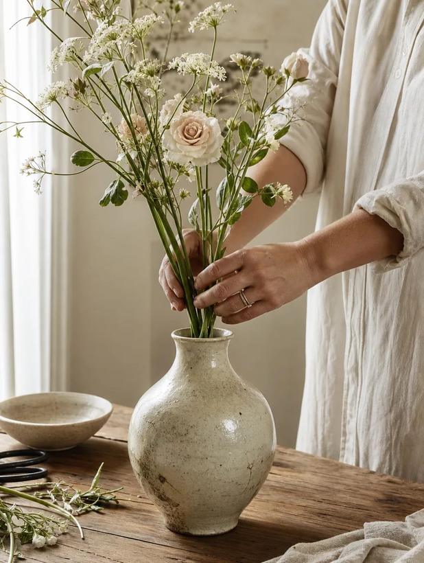 Mãos a arranjar flores num vaso de cerâmica