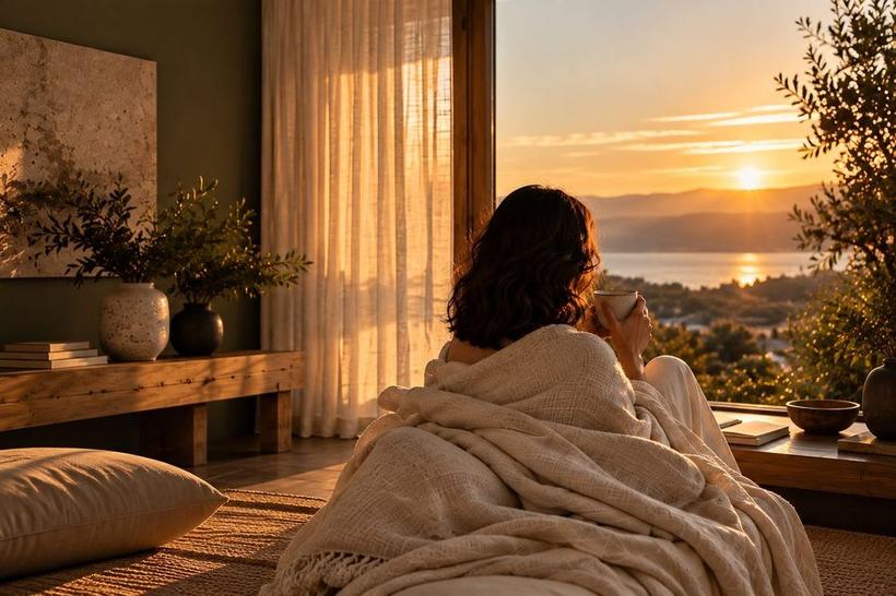 Mulher de costas, envolta numa manta, com uma caneca, a contemplar o pôr do sol sobre o mar