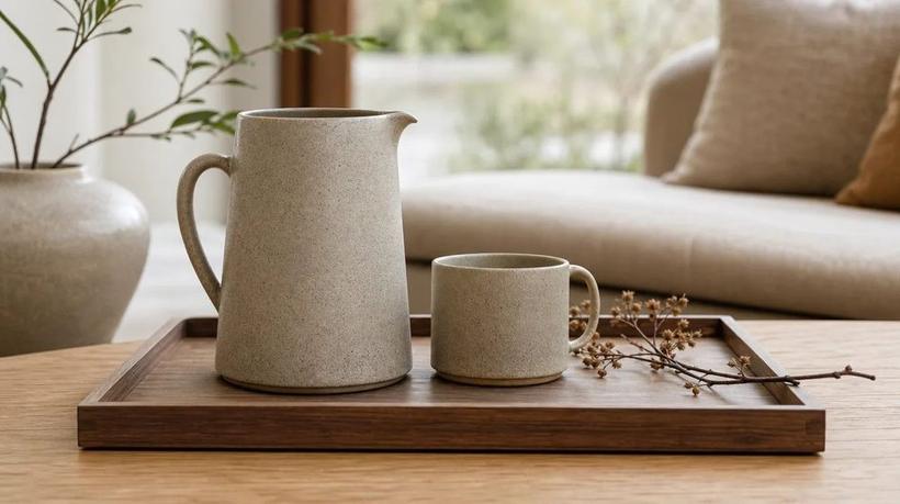 Tabuleiro de madeira com jarro e caneca de cerâmica e um raminho seco